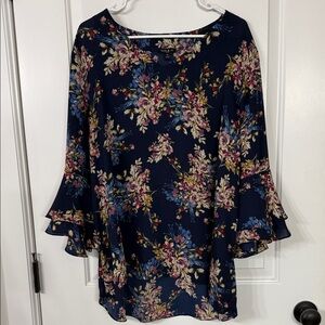 Sami & Jo Navy Floral Blouse with Ruffle Sleeves